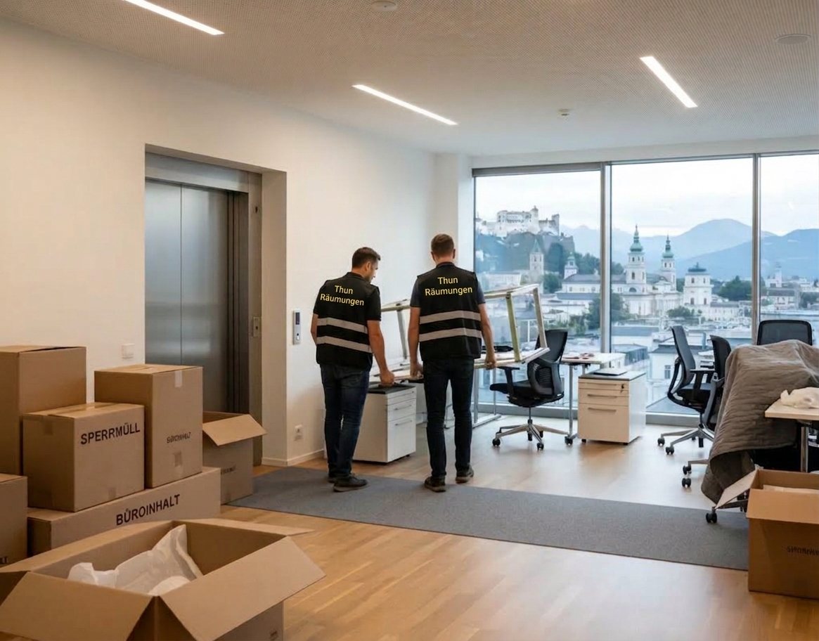 Zwei Mitarbeiter tragen Büromobiliar durch ein Büro mit Umzugskartons