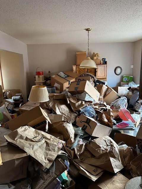 Stark vollgestelltes Wohnzimmer mit Kartons, Papier und Hausrat