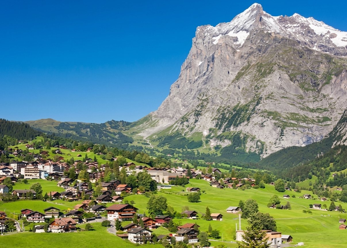 Blick auf Grindelwald mit Chalets und der Eigernordwand