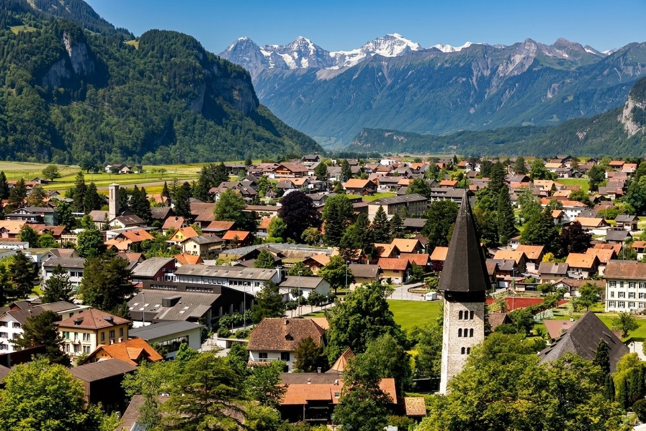 Blick über Meiringen mit Dorfkirche und Bergen des Haslitals