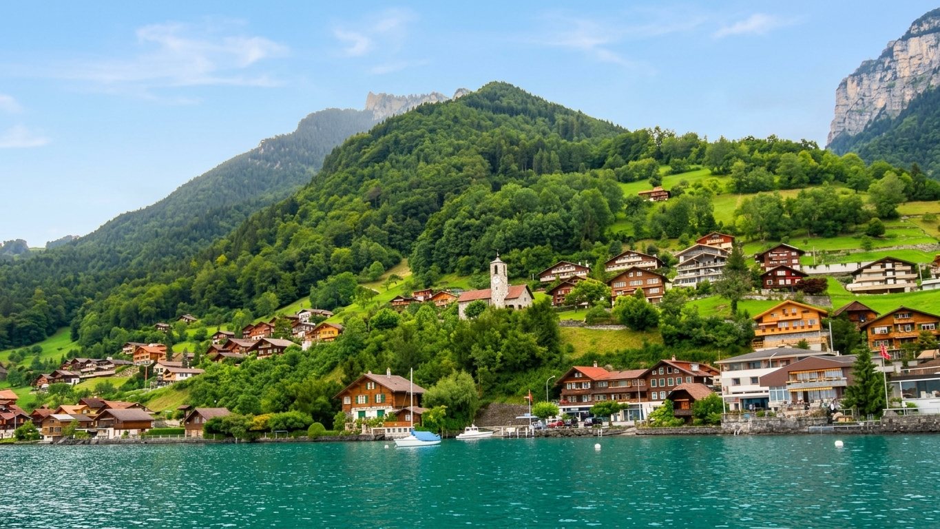 Blick vom Thunersee auf Sigriswil mit Kirche, Häusern und grünen Berghängen