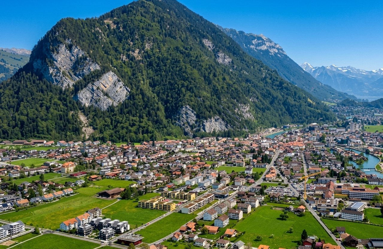 Luftaufnahme von Steffisburg mit Wohnquartieren, Feldern und bewaldeten Voralpen